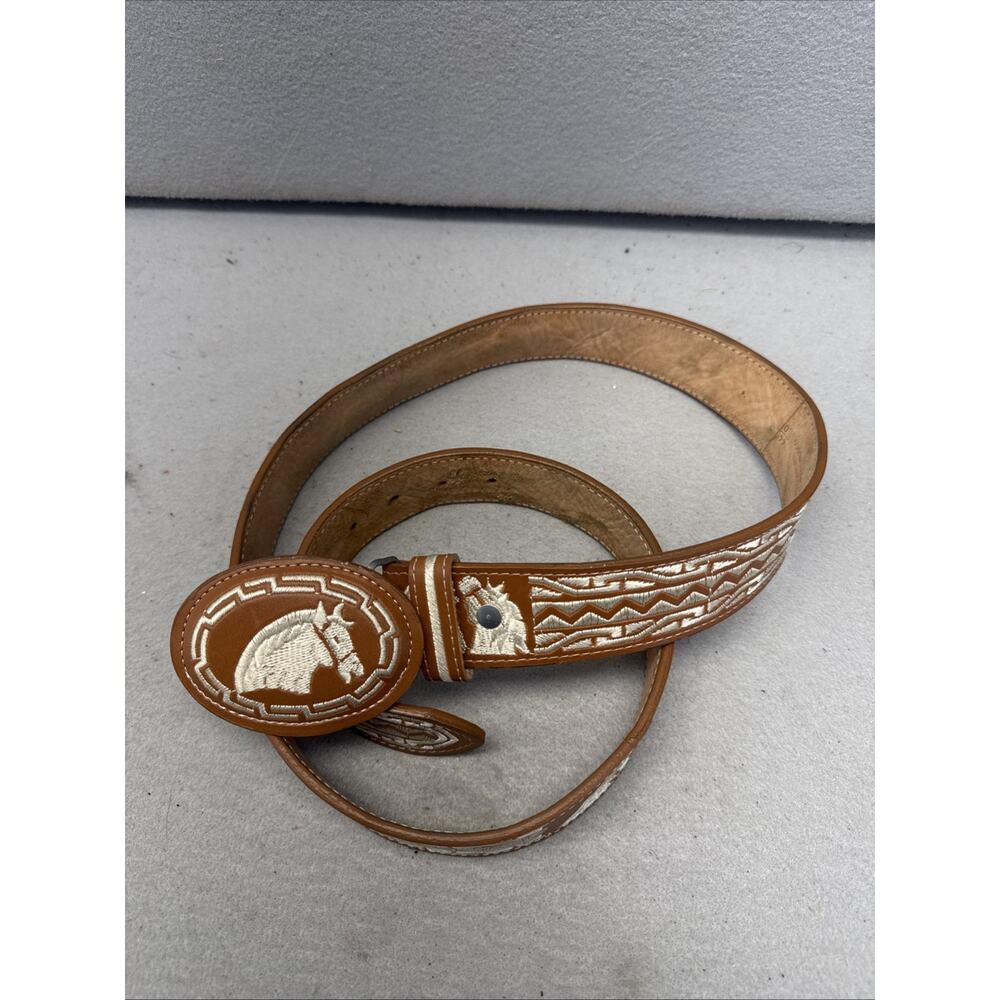YAC Leather Silk Design Horse Embroidered Belt Brown Western Size 44 Mexico